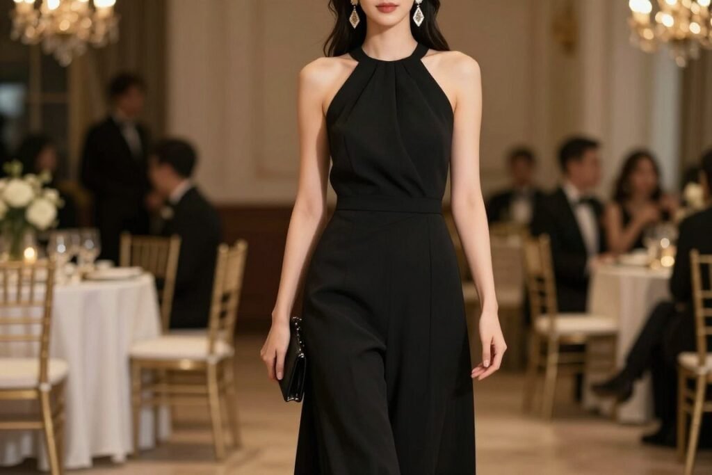 Woman in elegant jumpsuit for formal wedding