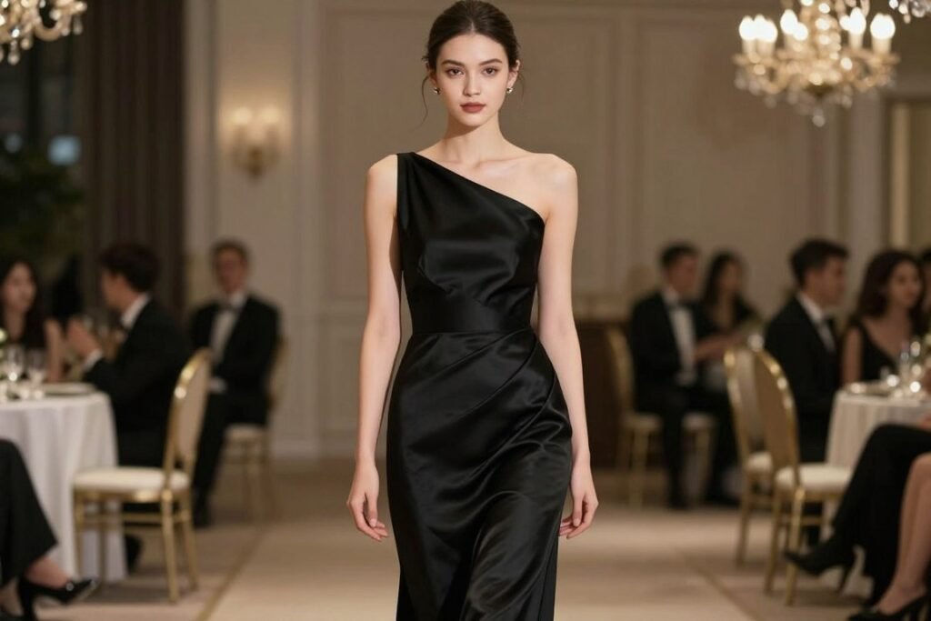 Woman in floor-length black satin gown for black tie wedding