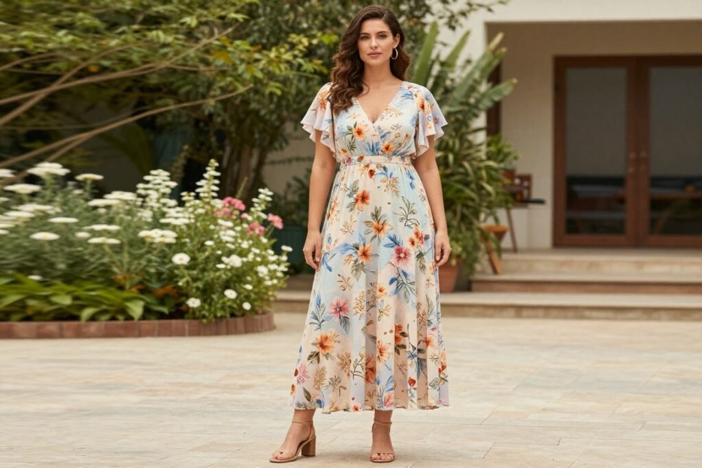 Woman in floral maxi dress for garden wedding
