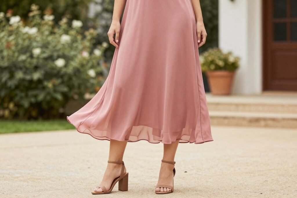 Woman in flowy midi dress for semi-formal wedding