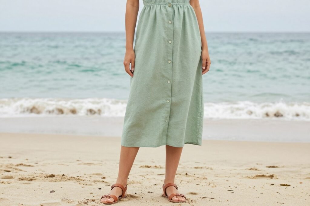 Woman in linen blend dress for beach wedding