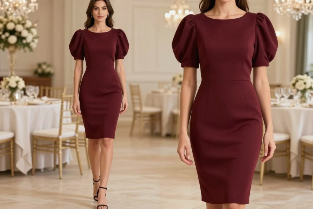 Woman in statement sleeve midi dress for cocktail wedding