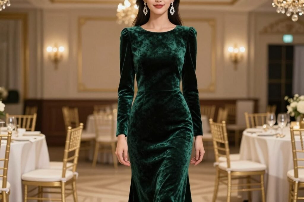 Woman in velvet jewel-tone gown for winter black tie wedding