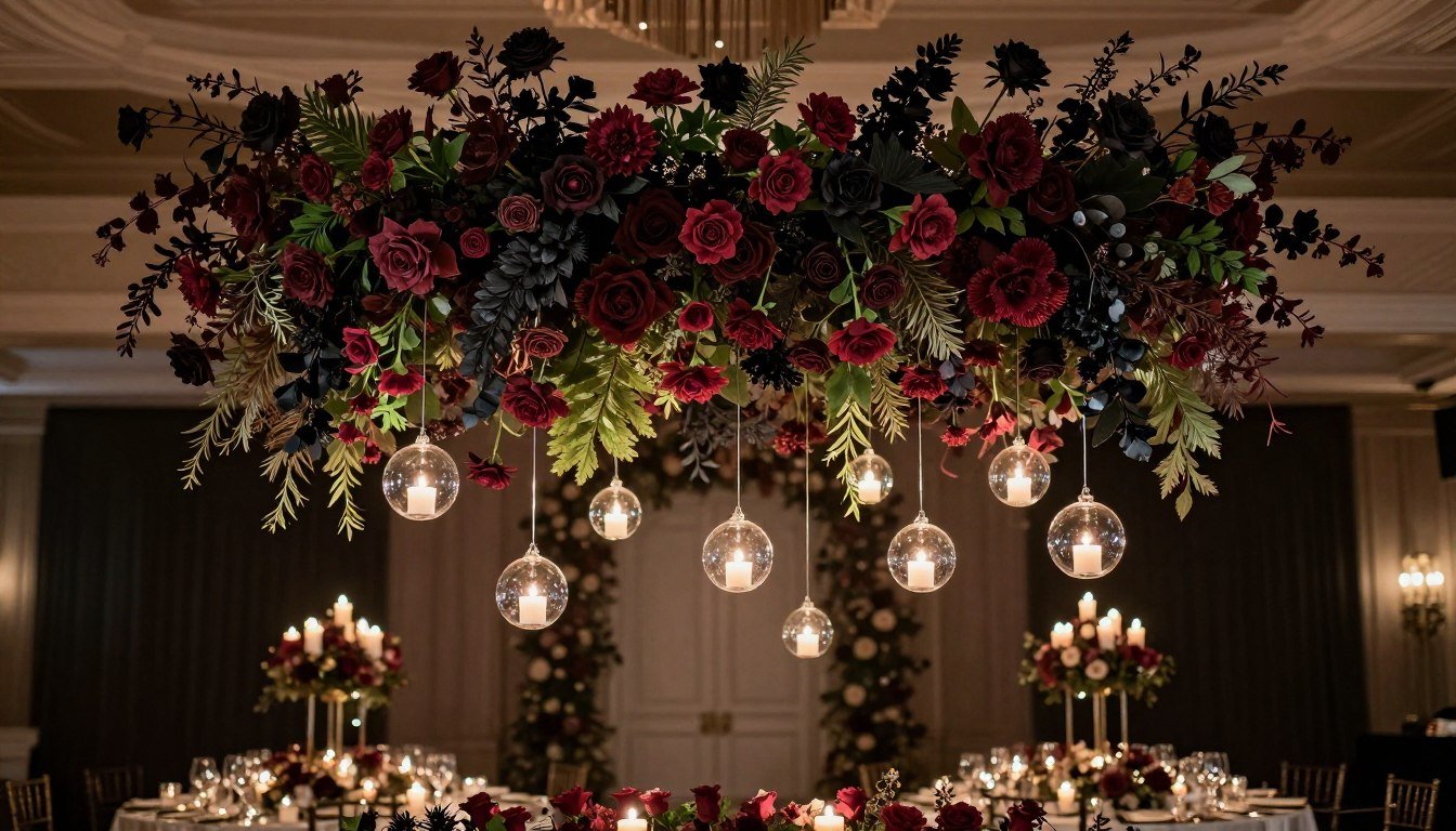 Suspended dark romantic floral installation with hanging candles over reception tables