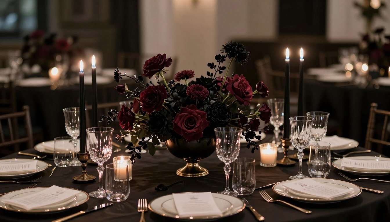 Low dark romantic wedding centerpiece with candles on luxury table setting