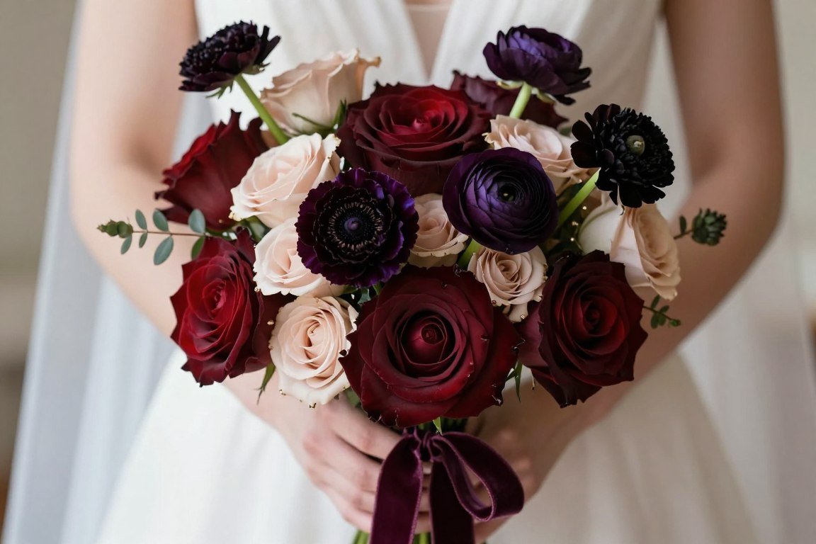 Dark romantic bridal bouquet with burgundy roses and soft blush accents