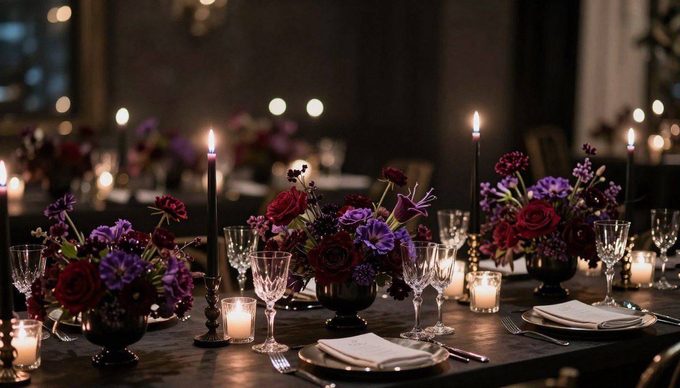 Dark romantic wedding tablescape with low floral arrangements and many candles