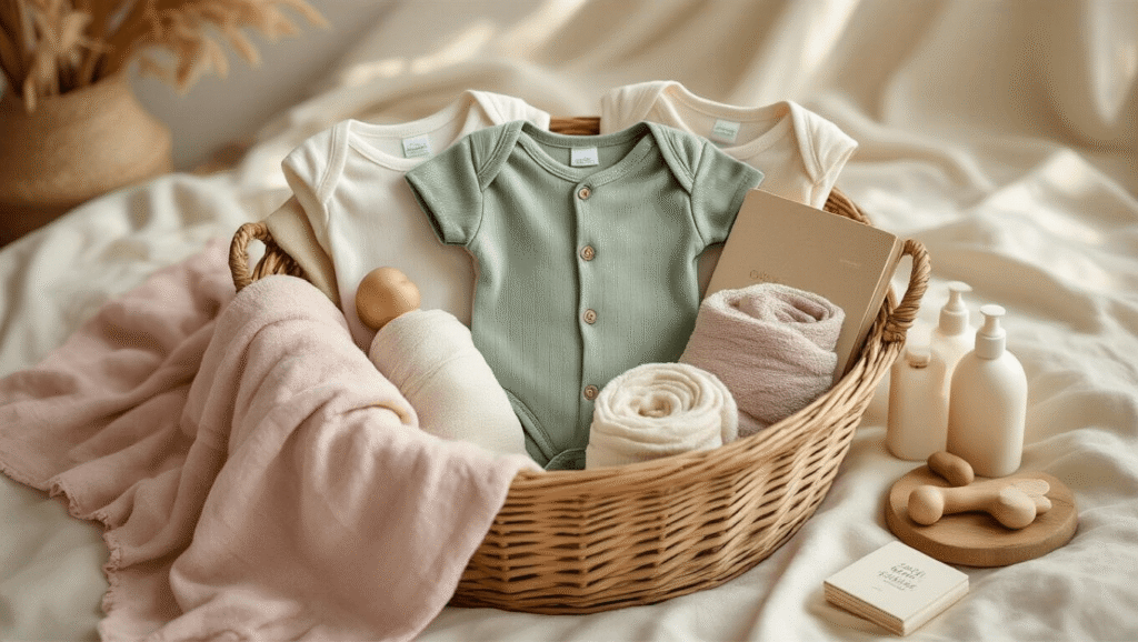 A cozy baby gift basket on a cream linen surface, featuring muted sage and heather gray onesies, muslin swaddle blankets, a vintage wooden teething toy, board books, gentle baby wash, soft hooded towels, and nipple balm, all arranged with warm golden hour lighting and rustic elements.