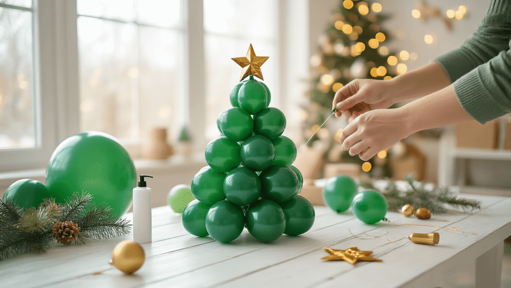 Close-up of hands assembling a balloon Christmas tree using gradient emerald and forest green latex balloons on a rustic white wooden table, with a cozy living room backdrop and a golden foil star topper nearby.