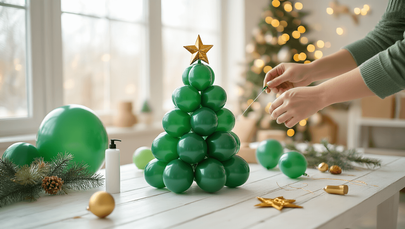 Close-up of hands assembling a balloon Christmas tree using gradient emerald and forest green latex balloons on a rustic white wooden table, with a cozy living room backdrop and a golden foil star topper nearby.