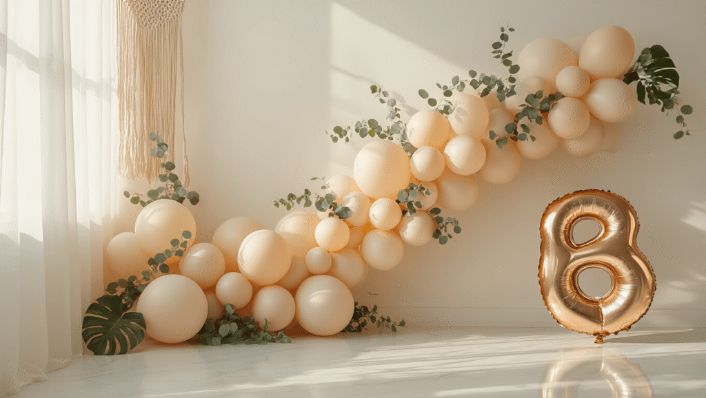 Elegant beige balloon arrangement with eucalyptus garlands on a pristine white wall, featuring warm tones and soft natural lighting, showcasing luxurious textures and minimalistic composition.