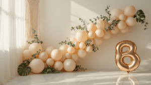 Elegant beige balloon arrangement with eucalyptus garlands on a pristine white wall, featuring warm tones and soft natural lighting, showcasing luxurious textures and minimalistic composition.