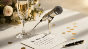 A polished silver microphone and crystal champagne flute rest on a pristine white surface alongside a handwritten speech notecard and a classic fountain pen, all beautifully lit with warm golden hour lighting, creating an atmosphere of celebration and anticipation.