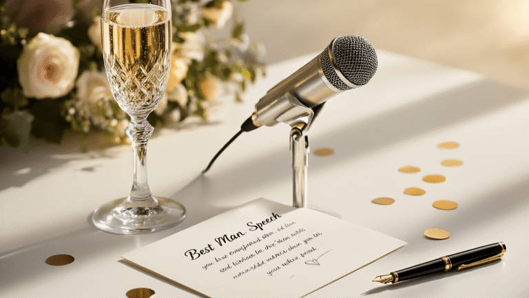 A polished silver microphone and crystal champagne flute rest on a pristine white surface alongside a handwritten speech notecard and a classic fountain pen, all beautifully lit with warm golden hour lighting, creating an atmosphere of celebration and anticipation.