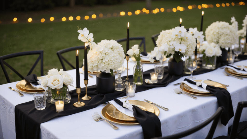 Cinematic overhead shot of an elegant black and white wedding tablescape featuring taper candles, gold chargers, and lush white orchids, illuminated by warm candlelight in a sophisticated and inviting atmosphere.