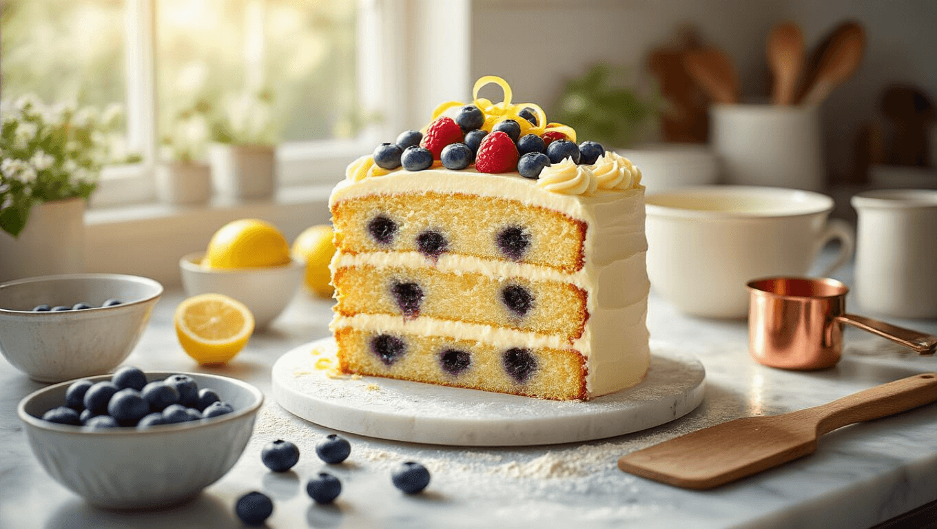 A golden-brown blueberry lemon cake adorned with creamy buttercream swirls and fresh berries, set on a flour-dusted marble counter with warm kitchen lighting, vintage mixing bowls, and rustic utensils, evoking a cozy homestyle atmosphere.