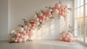 Elegant blush pink and ivory balloon garland with ombre gradient in a minimalist living room, bathed in golden hour sunlight, featuring various balloon sizes and eucalyptus sprigs, creating a warm and inviting atmosphere.