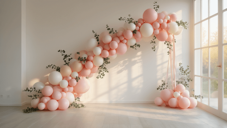 Elegant blush pink and ivory balloon garland with ombre gradient in a minimalist living room, bathed in golden hour sunlight, featuring various balloon sizes and eucalyptus sprigs, creating a warm and inviting atmosphere.