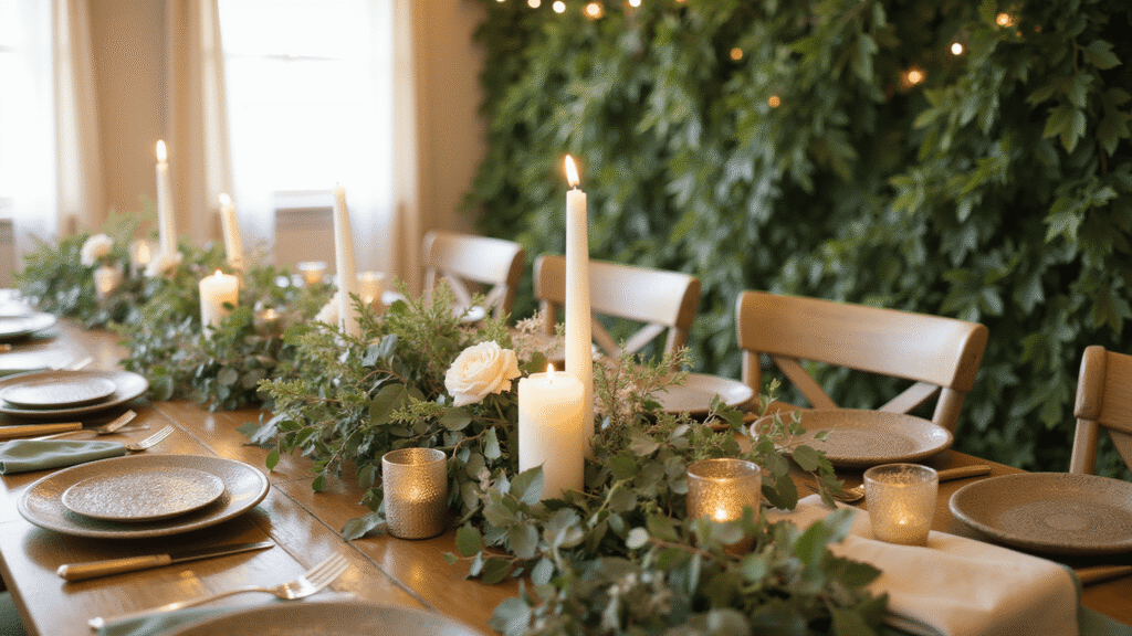 Cinematic overhead shot of an elegant wedding tablescape featuring lush eucalyptus and olive greenery, ivory pillar candles, and soft floral accents on a rustic wooden table, bathed in golden hour sunlight.