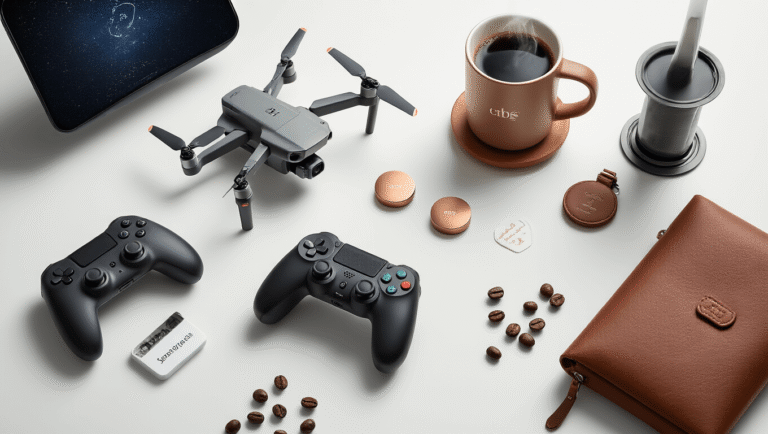 Cinematic flat lay of premium boyfriend gifts on a white marble surface, featuring a DJI Mavic 3 Pro drone, Ember Smart Mug with coffee, scattered Apple AirTags, a gaming controller with RGB lighting, an Aeropress with coffee beans, a custom star map print, and monogrammed leather accessories, all showcased in warm tones and soft lighting.
