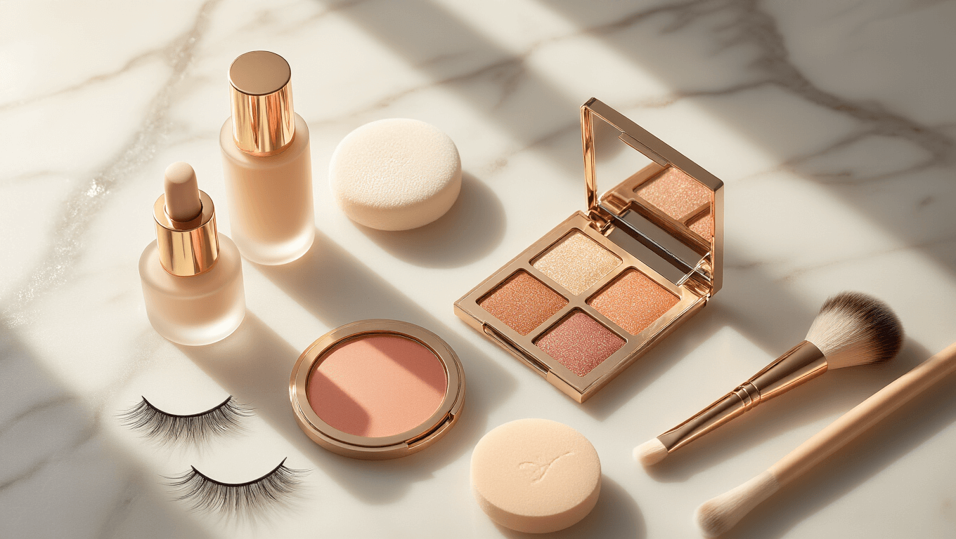 Bridal makeup flatlay on marble with foundation, blush, eyeshadow palette, lashes, brow gel, lip gloss, beauty sponge, brushes, and setting powder, complemented by golden hour sunlight and soft silk ribbon.