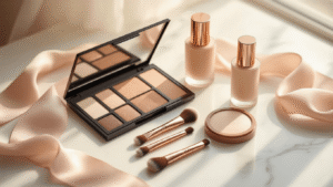 Softly lit vanity scene featuring natural glam bridal makeup essentials on a clean white marble surface, including a neutral eyeshadow palette, elegant makeup brushes, a dewy foundation bottle, and a cream highlighter, all draped with a soft blush silk ribbon, creating an ethereal and inviting atmosphere.