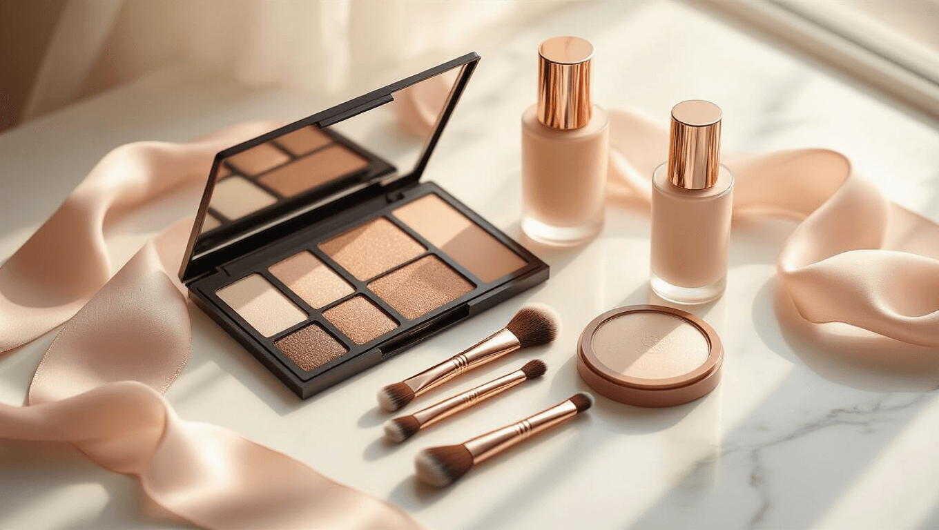 Softly lit vanity scene featuring natural glam bridal makeup essentials on a clean white marble surface, including a neutral eyeshadow palette, elegant makeup brushes, a dewy foundation bottle, and a cream highlighter, all draped with a soft blush silk ribbon, creating an ethereal and inviting atmosphere.