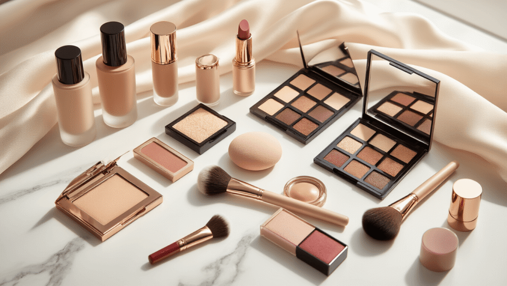 A sophisticated bridal makeup flat lay featuring luxury cosmetics on a white marble surface, with rose gold brushes, foundation, eyeshadow palettes, false lashes, and silky fabric, illuminated by warm natural light.