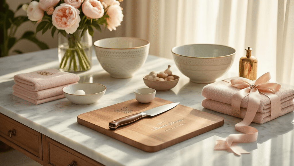 Cinematic bridal shower tablescape featuring personalized gifts on a marble countertop, including a hand-forged chef's knife, engraved cutting board, monogrammed towels, ceramic mixing bowls, glass vase with peonies, custom address stamp, and leather keepsake box, illuminated by soft golden hour lighting.