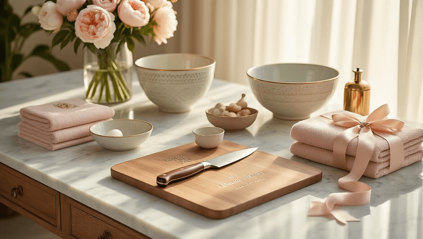 Cinematic bridal shower tablescape featuring personalized gifts on a marble countertop, including a hand-forged chef's knife, engraved cutting board, monogrammed towels, ceramic mixing bowls, glass vase with peonies, custom address stamp, and leather keepsake box, illuminated by soft golden hour lighting.
