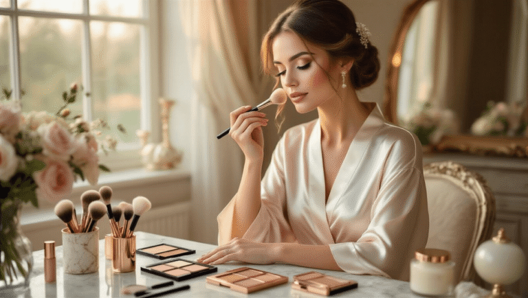I'm Telling You Everything About Soft Wedding Makeup (And Why It's Perfect for Your Big Day) A serene bride in a silk robe applies soft wedding makeup at a vintage vanity, surrounded by neutral palettes and brushes, with warm natural light illuminating her dewy skin and soft peachy-pink tones.
