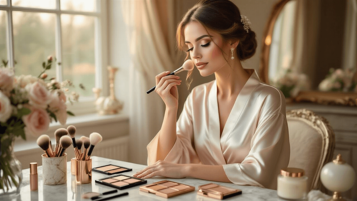 A serene bride in a silk robe applies soft wedding makeup at a vintage vanity, surrounded by neutral palettes and brushes, with warm natural light illuminating her dewy skin and soft peachy-pink tones.