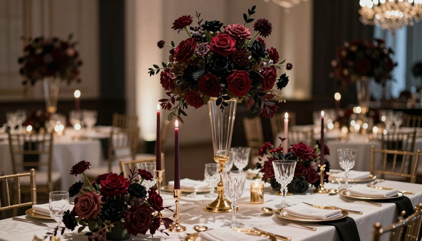 Editorial-style wedding table with dark romantic flower centerpieces and candles in a luxury venue