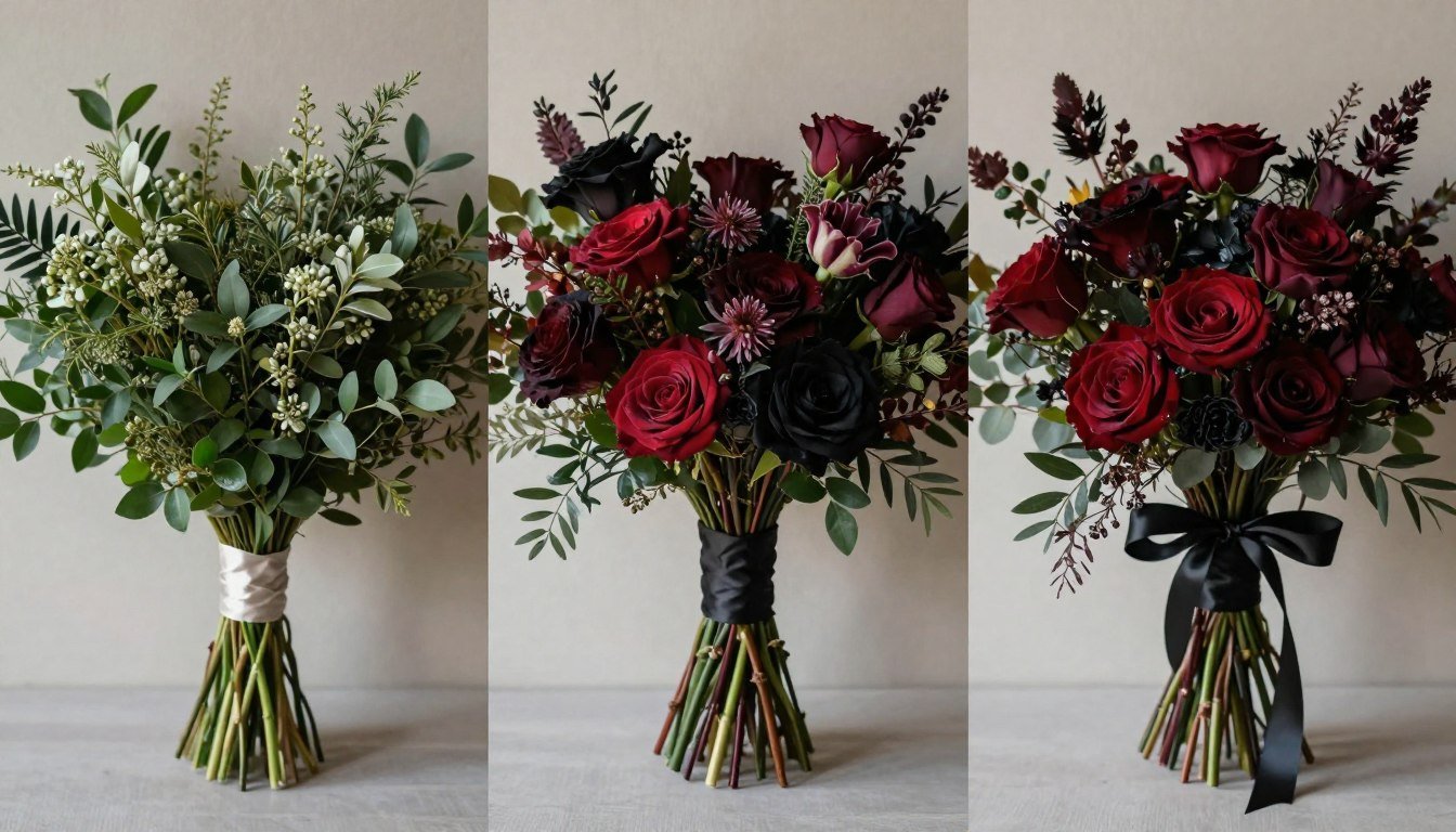 Comparison of budget, mid-range and luxury dark romantic wedding flowers