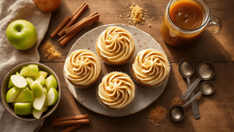 Cinematic overhead shot of golden caramel apple cupcakes on a rustic wood counter, decorated with buttercream frosting, surrounded by fresh Granny Smith apples, cinnamon sticks, amber caramel sauce, vintage measuring spoons, and brown sugar crystals, with warm autumn sunlight creating a cozy kitchen atmosphere.