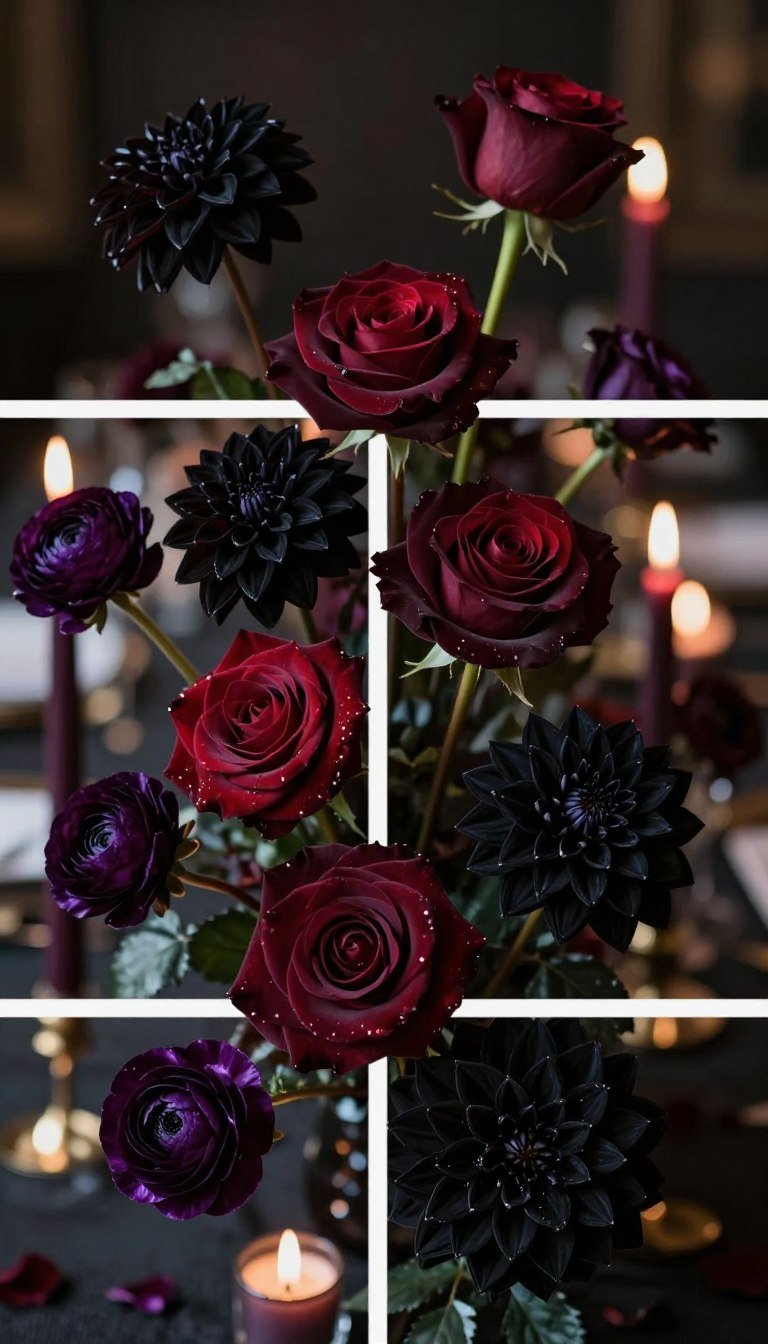 Pinterest-worthy dark romantic wedding flower arrangement with candles
