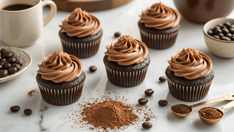 Overhead view of chocolate coffee cupcakes topped with glossy espresso buttercream, on a white marble counter adorned with cocoa powder, chocolate-covered espresso beans, and vintage kitchen tools, bathed in warm golden hour light.