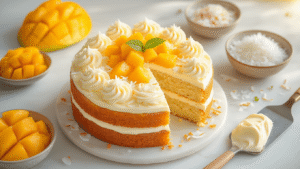 Cinematic overhead view of a golden coconut mango cake with fluffy coconut buttercream, vibrant mango chunks, and toasted coconut flakes on a marble counter, enhanced by warm golden hour lighting and soft pastel kitchen background.