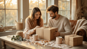 A couple joyfully unboxes beautifully wrapped gifts on a reclaimed wood table, surrounded by rose gold confetti, cream mugs, and warm golden hour light.