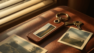 A custom photo strip keychain on weathered cognac leather, illuminated by warm golden hour light, surrounded by Vermont postcards and vintage keys, creating a nostalgic atmosphere.