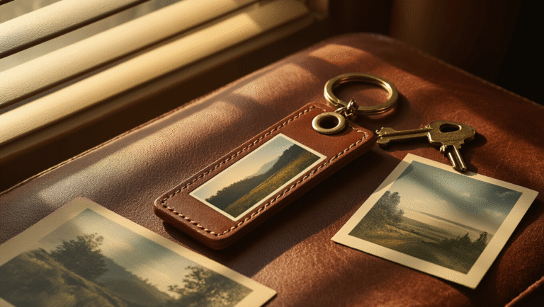 A custom photo strip keychain on weathered cognac leather, illuminated by warm golden hour light, surrounded by Vermont postcards and vintage keys, creating a nostalgic atmosphere.
