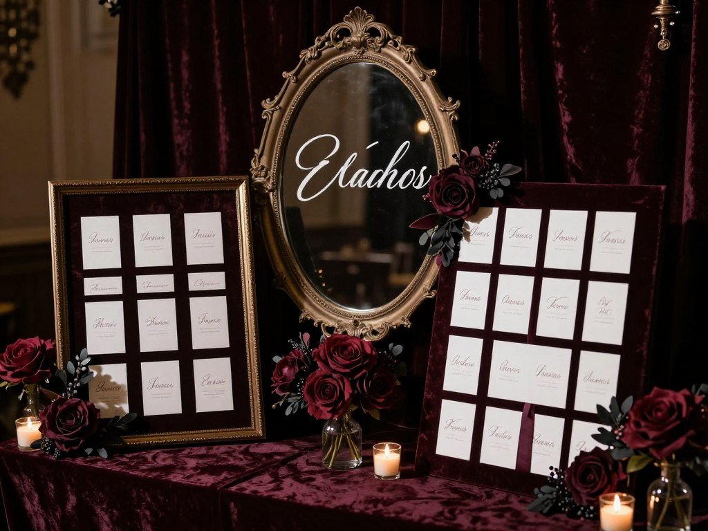 Creative dark romantic floral escort card display with candles