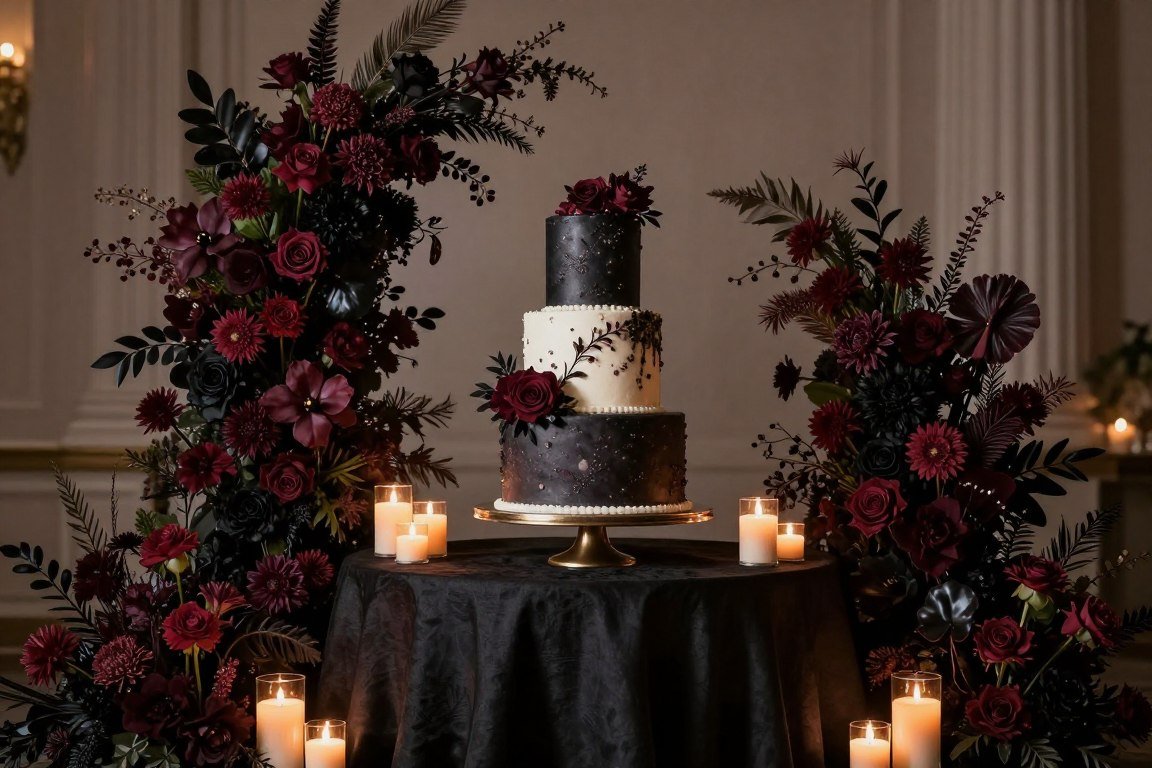 Wedding cake displayed with dark romantic floral arrangements and candles