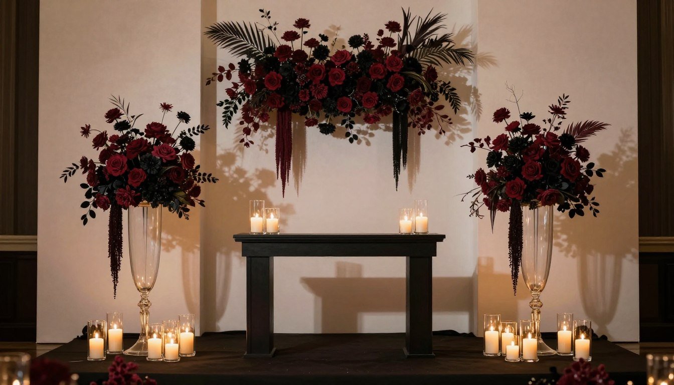Dark romantic altar arrangement with candles surrounding ceremony space