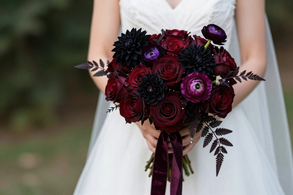 Bride holding large dark romantic bouquet with trailing elements