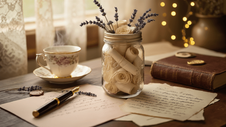 Cinematic close-up of a vintage crafting table featuring an elegant mason jar filled with rolled cream-colored memory notes, a golden-nibbed fountain pen, dried lavender sprigs, and soft blush writing papers, all illuminated by warm honey-colored lighting and surrounded by golden fairy lights, creating a cozy, intimate atmosphere.