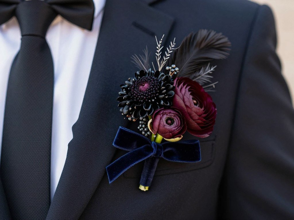 Dark romantic boutonniere with unique textural elements on groom's lapel