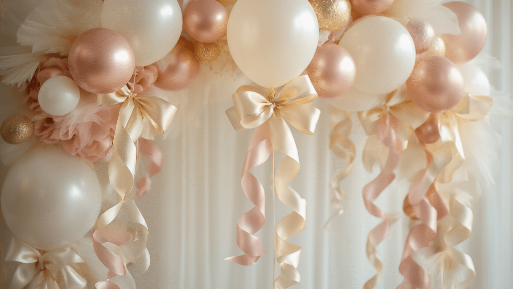 Cinematic close-up of an elegant balloon arrangement with pastel latex balloons inside clear bobo balloons, adorned with luxurious cream and gold satin ribbons, blush and metallic curling ribbons, all illuminated by warm golden hour lighting against a clean white backdrop, creating a sophisticated and inviting celebratory atmosphere.