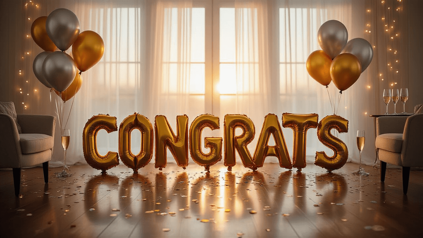 Elegant celebration room adorned with gold and silver mylar balloons spelling "CONGRATS", warm golden hour light, polished hardwood floors, modern furniture, champagne glasses, soft focus fairy lights, and scattered confetti, creating a dreamy festive ambiance.