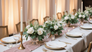 Elegant wedding reception table with ivory silk linens and blush velvet runner, adorned with tall brass candlesticks, white flowers, and candlelight, captured in warm golden hour light.